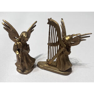 Lot of 2 Vintage Gold Angels Harp & Horn MCM Christmas Ornaments plastic